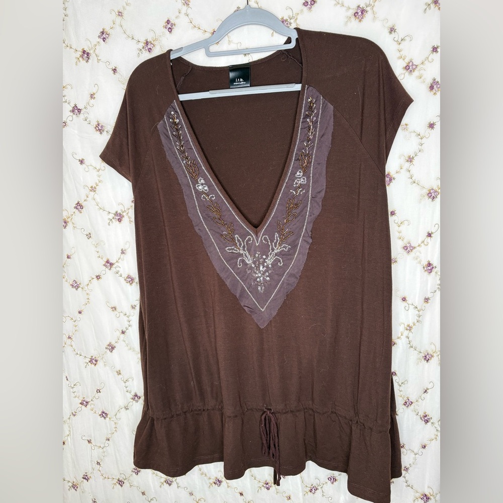 Elegant Brown Embroidered V-Neck Blouse